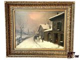 an image of a painting of a horse drawn carriage on a snowy street