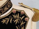 a black and gold dress with gold trimmings on a mannequin