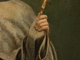 painting of a man in a monk ' s robes holding a crucifix