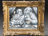 une peinture représentant un homme et une femme assis à une table