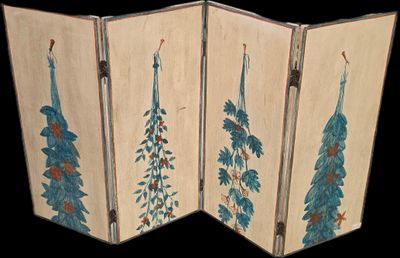 Petit paravent quatre feuilles en bois peint à décor de bouq…