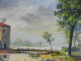 a painting of a house on the shore of a lake