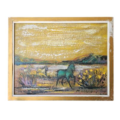 une peinture à l'huile représentant un cheval dans un champ près d'un plan d'eau