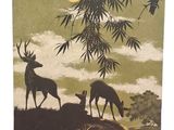 a painting of two deer standing on top of a hill under a tree