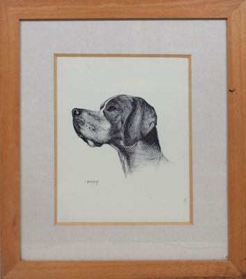 dessin représentant un chien noir et blanc dans un cadre en bois