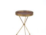 a small table with a metal tray on top of it
