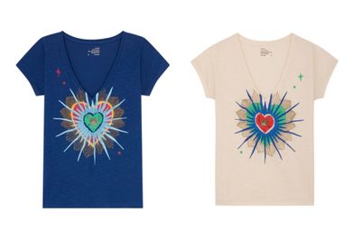 two women ' s t - shirts with a heart on the front and a heart on the back