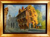 une peinture à l'huile représentant un bâtiment devant lequel se trouve une calèche