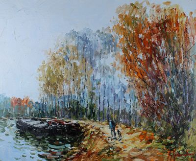 un tableau représentant un homme et un chien se promenant au bord d'une rivière