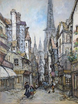 tableau représentant une scène de rue avec des passants et une église en arrière-plan