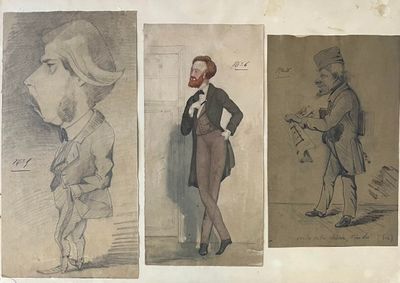trois dessins représentant des hommes en tenue de cérémonie et coiffés d'un chapeau, dont l'un porte la barbe
