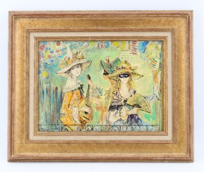 tableau représentant deux femmes coiffées de chapeaux et un chien sur une clôture