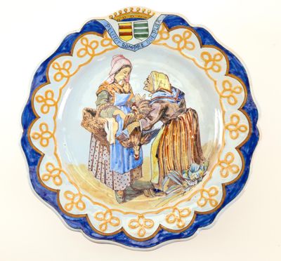 a plate with a picture of a man and a woman on it