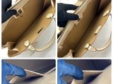 several pictures of a person holding a blue purse with a gold handle