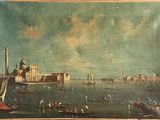 tableau représentant une vue de Venise, avec des bateaux au premier plan et une église à l'arrière-plan