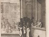 an old drawing of a group of people standing in a building