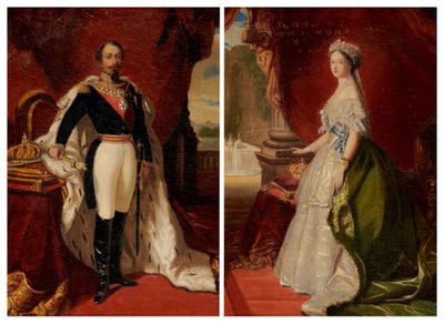 deux photos d'un tableau représentant un homme et une femme en tenue de cérémonie