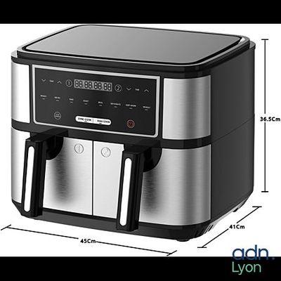 un gros plan d'une friteuse à air chaud électrique avec ses dimensions