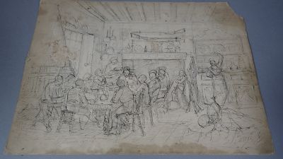 un vieux dessin représentant un groupe de personnes dans une pièce