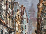an oil painting of a street scene with people walking down the street
