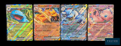 Quatre cartes Pokémon différentes sont représentées en ligne sur un fond noir.