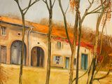 a painting of a house in the middle of a field