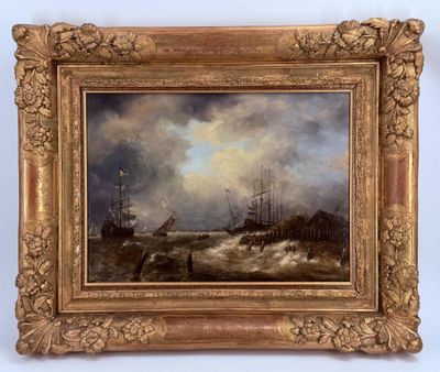 an oil painting of ships in rough water with a cloudy sky in the background