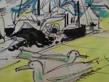 un dessin représentant une mouette posée sur la plage