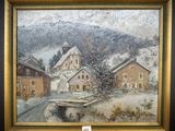 une peinture à l'huile représentant un village sous la neige, avec un bateau au premier plan