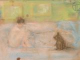 a painting of a woman sitting on a couch with a dog