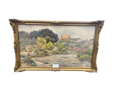 une peinture d'un paysage avec une maison au loin