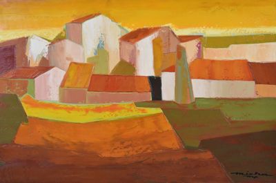 une image représentant un tableau d'un village avec un ciel jaune en arrière-plan