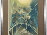 painting of a man riding a bicycle on a bridge with a bird