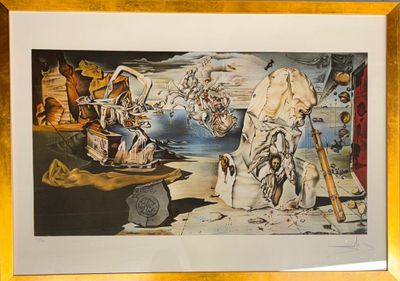 tableau encadré représentant une scène de désert avec des personnages et des animaux