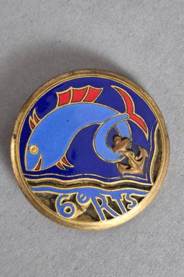 un gros plan d'une broche bleue et dorée sur laquelle figure un poisson