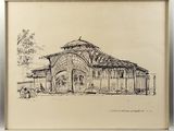 an ink drawing of a building in a frame on a wall
