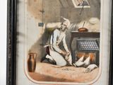 an old picture of a woman sitting on the floor in front of a painting