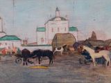 un tableau représentant des chevaux et des personnages sur une place de ville
