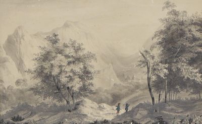 a drawing of a mountain scene with a man and a horse