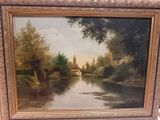 une peinture représentant une rivière avec une maison en arrière-plan