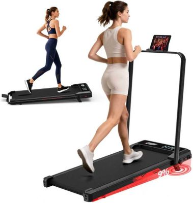 a woman running on a treadmill with a tablet on top of it