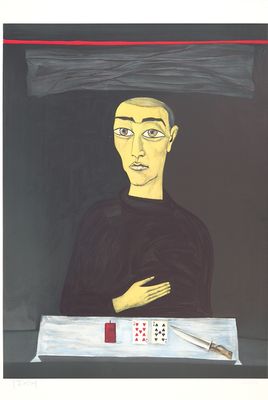 an image of a painting of a man sitting at a table
