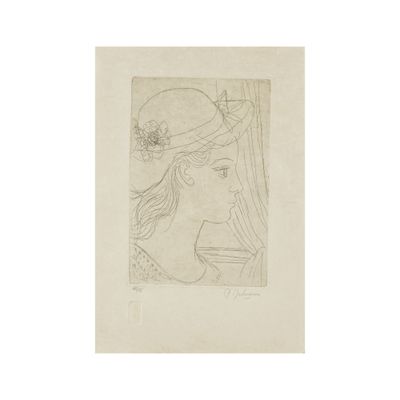 un dessin représentant une femme portant un chapeau et une fleur dans les cheveux