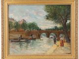 an oil painting of a river scene with a bridge and boats