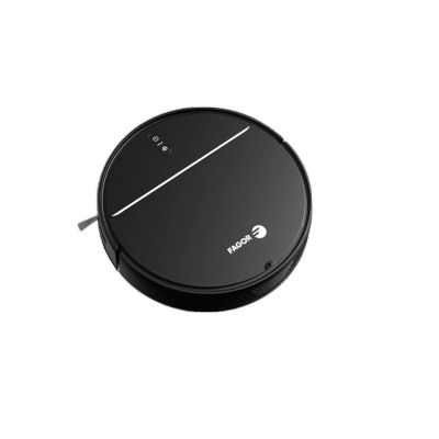a close up of a black robot vacuum cleaner on a white surface