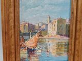 an oil painting of a sailboat on the water in front of a building