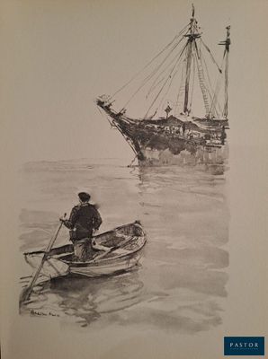 dessin représentant un homme dans une barque, avec un bateau en arrière-plan