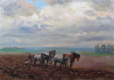 un tableau représentant un homme labourant un champ avec des chevaux