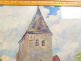 a painting of a building with a clock tower on it