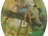 un tableau représentant une femme assise sur une branche d'arbre en train de lire un livre